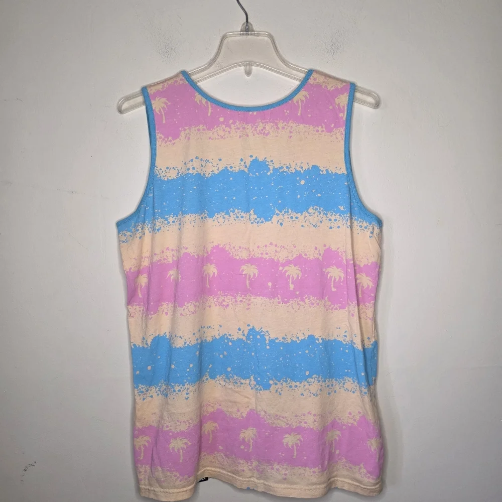 Coachella Pink/Blue/Cream  Palm Tree Graphic Tie Dye Tank Size Large